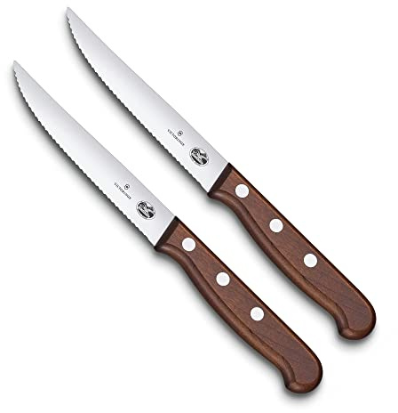 Victorinox Wood Steakmesser-Set, 2-tlg, Extra Scharfe Messer mit Wellenschliff, Ahornholzgriff
