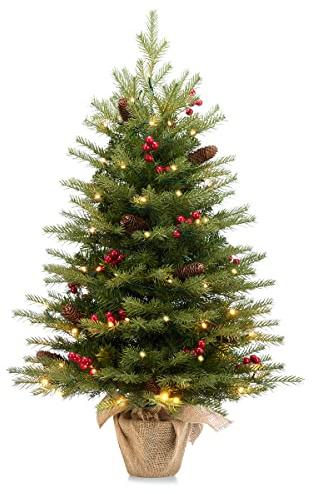 Somikis 3ft Pre-Lit Artificial Mini Christmas Tree with 70LED Lights and Realistic Nordic Spruce, Solid Cement Burlap Base Basin