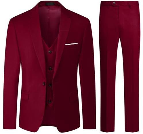 Allthemen Traje para Hombre Boda 3 Piezas Slim Fit Trajes de Esmoquin Un botón Color sólido Chaqueta Formal para Hombre Chaleco y Pantalones Burdeos S