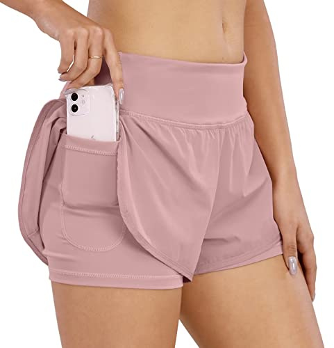 COTOP Women's Running Shorts Cycling Shorts with Pocket,Lightweight Athletic Gym Shorts with Liner Summer Quick-Dry Activewear Sports Shorts for Workout,Jogging-Pink-XS