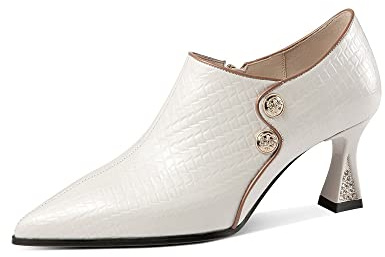 TinaCus Pointed Toe Patent Leather Handmade Side Zipper Mid Chunky Heels Women's Stylish Pumps Shoes with Buttons Décor(Off White, US5.5)