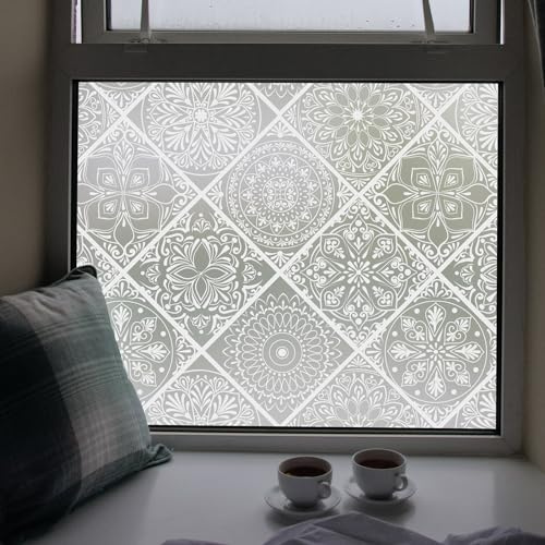 DKTIE Boho Style Stained Glass Window Film with Installation Tools, Waterproof Window Privacy Film for Bathroom Bedroom Kitchen (B110-white, 17.7 x 78.7)