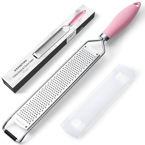 Rainspire Zester Grater with Handle, Lemon Zester Cheese Grater for Kitchen Stainless Steel, Parmesan Cheese Garlic Nutmeg Chocolate Fruits Vegetables Ginger Grater, Fine, Black (Pink)