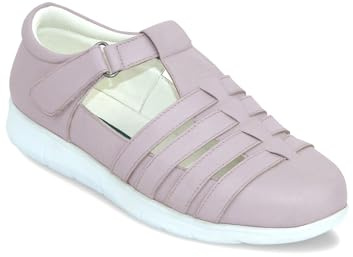 Chums Ladies Elegant Leather Touch Fasten Shoes Wide E Fit with Flexible Sole Front Lattice Design Lilac 6