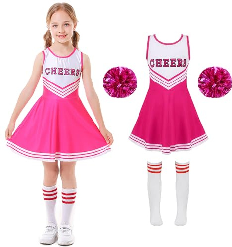 XFOZDM Deguisement Pompom Costume Cheerleader Short Deguisement Pompom Avec Pompoms Et Chaussettes Uniforme De Pompom Pour Carnaval Halloween Cosplay Costume， Pink 170cm