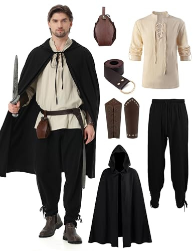 Dzorim Costume Médiéval de la Renaissance pour Homme 7Pcs Costume de Viking Pirate Chemise à Lacets Pantalon avec Ceinture Protège-Poignets et Autres Accessoires