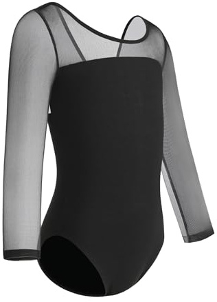 ZYXWVU Body Danza Classica Bambina con 3/4 Manica Lunga a Rete, AM3000ZX-nero, 8-9 anni