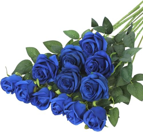 VIDSTW 12 grenar falska rosor för dekorationer 52 cm konstgjorda blommor bukett med falska gröna blad rosa falska blommor för heminredning bröllop fest trädgård (blå)