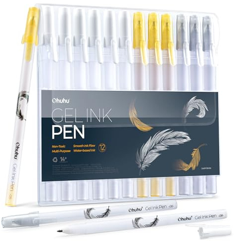 Ohuhu Guld silver vit gelpenna: 12-pack fina spetspennor slätt vitt bläck för markering svart papper konst ritning akvarell skissa klippbok illustration kuldagbok – Leahi