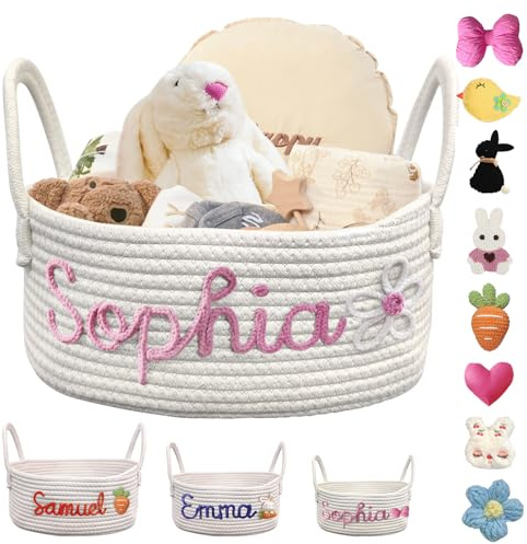 Cesta de bebé personalizada con nombre, cuerda de algodón personalizada, cesta de regalo para baby shower, cesta de almacenamiento con monograma para guardar pañales, juguetes y decoración de