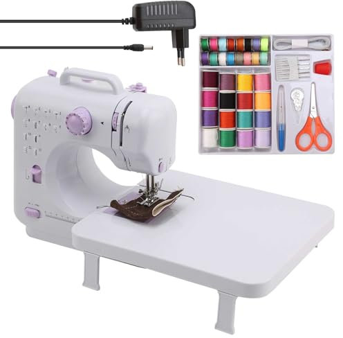 Nähmaschine mit Anschiebetisch,Mini elektrische Nähmaschine,12 automatische Nähmuster Geschwindigkeit einstellbar,mit 1 Erweiterungsplatte,mit Rückwärtsnähen,für Kleidung, Kissenbezüge, Bettlaken