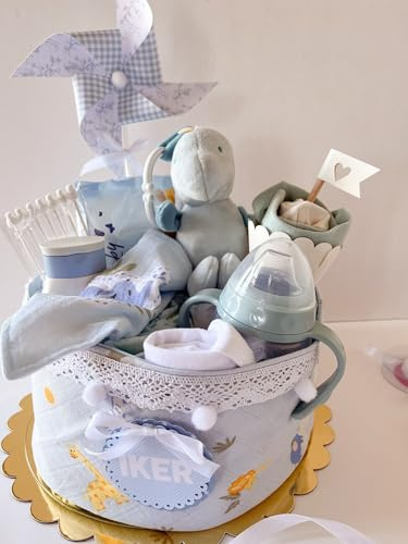 Tartas de pañales personalizadas con nombre, y con accesorios útiles – Ideal para recién nacidos y baby showers