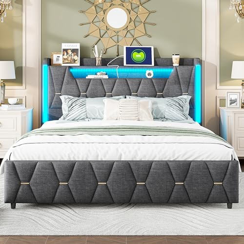 XMETPR Cama Doble tapizada 160x200cm, Marco de Cama Funcional con iluminación LED, 4 cajones, cabecera con Almacenamiento y 1 estación de Carga Type-C/2 USB, Listones de Madera, Cama de Lino, Gris