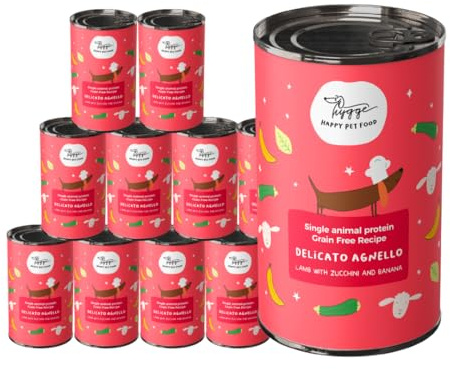 Cibo Umido per Cani Monoproteico all’Agnello | Paté con Zucchine e Banana | Grain Free | Alta Digeribilità | 12 x 400g | Ideale per Cani con Dermatiti o Intolleranze | Hygge Dog