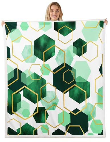 jejeloiu Green Geometric Fleece Throw Blanket Abstract Art Sherpa Blanket Plush Fuzzy Fresh Turquoise Abstract Design Baby 30x40 Green Golden Pattern for Bed Chair Living Room Marble Grain Geometric