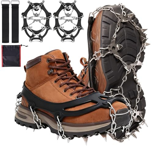 CNMTCCO Steigeisen für Bergschuhe, Rutschfeste Eisspikes für Schuhe und Stiefel, Spikes für Wanderschuhe mit 19 Edelstahl Spikes, Traktion mit Anti-Rutsch für Walking,Bergsteigen, Klettern und Wandern