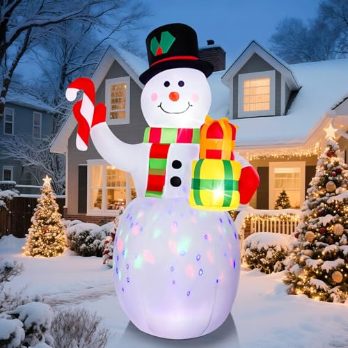 Muñeco de Nieve Inflable Grande 1.5M con Luz LED, Decoración Navideña con Regalo y Bastón para Jardín, Figura de Nieve Hinchable Impermeable para Exterior, Lgnitek