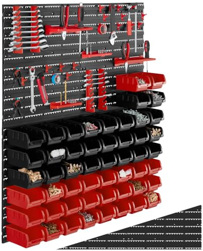 tectake® Organizador de Herramientas con Panel Herramientas Pared y Organizador de Tornillos para Taller Bricolaje, Estantería con Cajas para Tornillos - 2 Estanterías