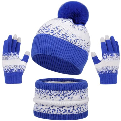 Yaopelky kvinnor mössa hatt hals damask handskar set vinter varm pekskärm handskar fleece fodrad halsduk hatt med pom pom för vuxen, Kungsblå, one size