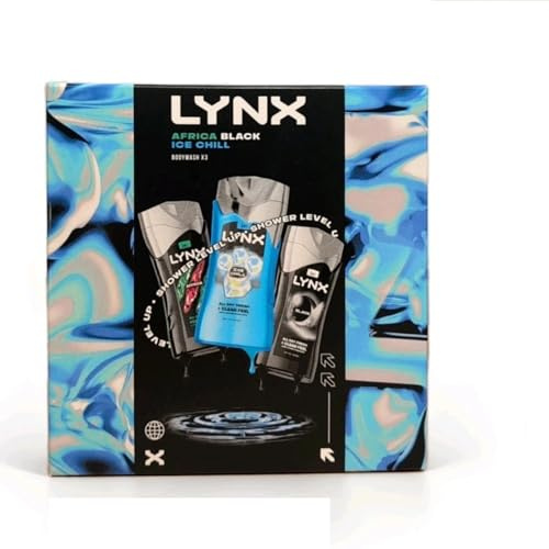 Lynx Africa, Black, and Ice Chill Body Wash Gift Set for Men – Pack of 3 Shower Gels – Invigorating Scents for All-Day Freshness – Ideal Grooming Gift Set for Him – Perfect for Birthdays, Christmas
