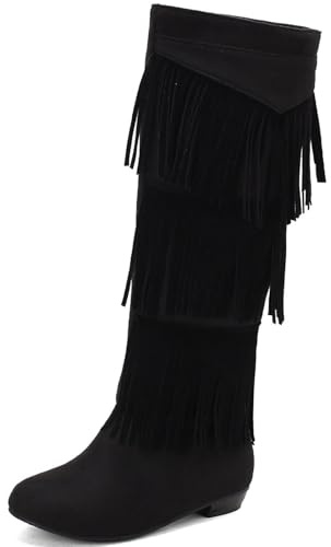 Vrupons Bottes à franges pour femme | Franges multicouches Talon plat Bottes 2 cm de hauteur Style bohème Fête, Noir , 41 EU