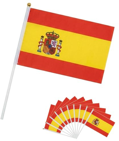 HOMAVEL 10 stycken Spanien handflagga 21 x 14 cm – Handflagga i polyester – La Roja vimpel med 30 cm flaggstång – Spansk flagga för VM 2026, fotbollsfest, Public Viewing, fanzone, stadion, fanblock