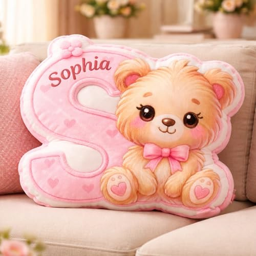 HHLYN14 Personalized Letter Pillow, Custom Pillow with Cute Bear Character, Custom Name Alphabet Cushion for Girls, Nursery Decor, Baby Birthday Gift, Soft Throw Pillow for Kids Room