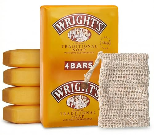 Soap Bars 4 Pack – Wright’s Traditional Coal Tar Soap with All Natural Eco-Friendly Sisal Exfoliating Pouch, Deep Cleansing Anti-Dandruff for Sensitive & Oily Skin
