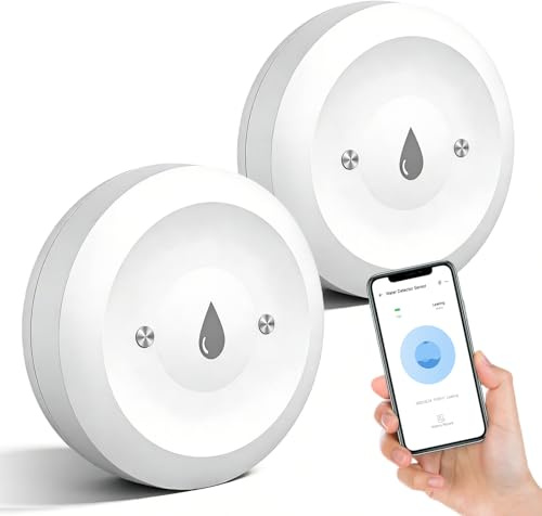2 Pezzi Rilevatore di Perdite d'acqua WiFi, 50x50x15mm Rilevatore di Perdite d'acqua Collegato, Intelligente Rilevatore di Acqua, Rilevatore di Inondazione Collegato Impermeabile IP66 per Cucina