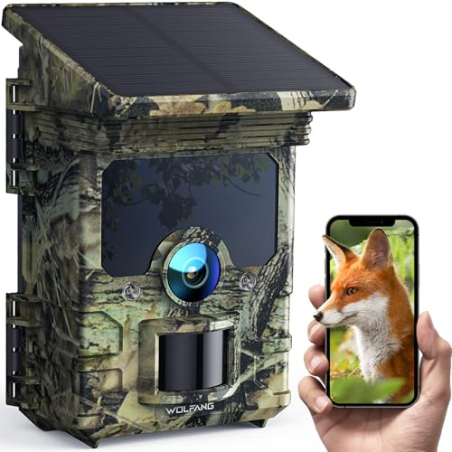 WOLFANG Cámara de Caza, 4K 68MP Solar Wi-Fi Bluetooth Cámara Caza con Visión Nocturna, Envío al Móvil App, Detección 120°, Disparo de 0.1 s, Batería de 5200 mAh, IP66, para Monitoreo de Vida