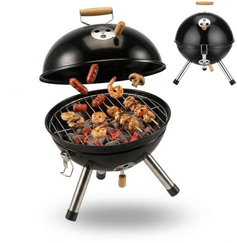 Relaxdays Mini Barbacoa de carbón portátil, Ø 30 cm, Negra