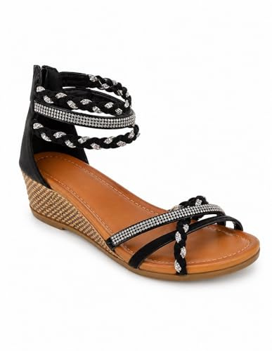 Sandales Femme Petit Talon compensé Bride Cheville tressée & strass,Noir,38 EU