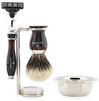 Horn Top Selection > Silver Tip Badger Wet Shaving Set – Fusion Shaver – Replaceable Cartridge: Pre-Assembled Fusion Cartridge + Brush & Double Stainless Steel Stand | Premium Horn Collection