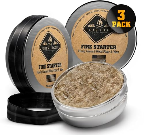 Fiber Light Fire Starter Kit - Natural Wood Fiber Tinder, Water-Resistant Fire Starters for Campfires, Survival Fire Starter, Fire Starters for Grill, Fire Starters for Survival - 3 Pack