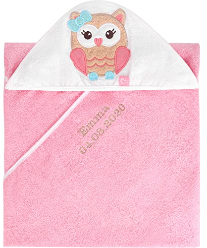 Be Mammy Kapuzenhandtuch Babyhandtuch aus Baumwolle Bestickt mit Name und Geburtsdatum Oeko-Tex Standard 100 100cm x 100cm BE20-281-BBL (Rosa - Eule)