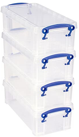 Really Useful Box Plastic Storage 0.9 Litre Clear (Pack of 4), external: 22 x 10 x 7 cm, internal: 18.5 x 8 x 6 cm