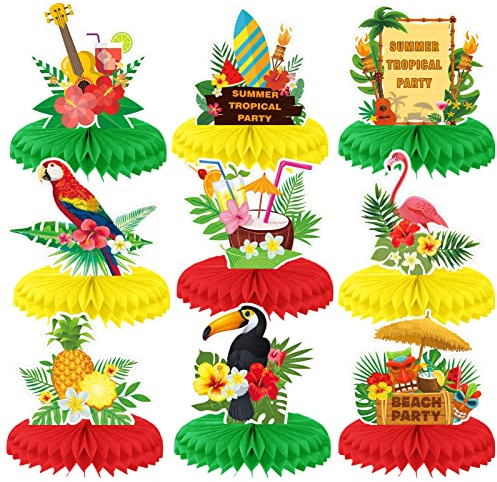 HOWAF 9Pcs Hawaiian Honeycomb Centerpieces Hawaiian Table Decorations Flamingo Pineapple Coconut Centerpieces for Hawaiian Party Decorations Luau Aloha Party Supplies Summer Tropical Party Decorations