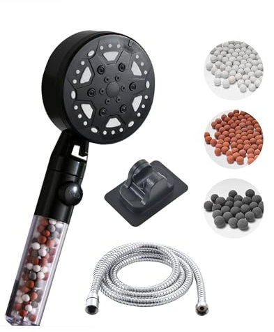 Bokaiya Pommeau de Douche, Pommeau Douche Anti Calcaire Économie d'Eau, Douchette Douche avec 6 Modes de Jet, Haute Pression Filtre à Trois Niveaux Système Tuyau de 1,8 M, Support de Douche (Noir)