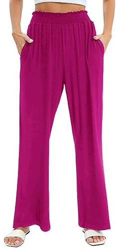 Famulily Ladies Yoga Trousers Elasticated Waist, Women Lightweight Wide Leg Palazzo Pants with Pockets (S, Hot Pink)