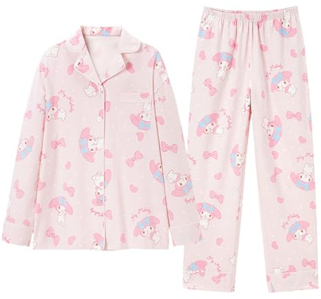 WANHONGYUE Kawaii My Melody Pigiama Donna Ragazza Lungo Due Pezzi Maglietta Manica Lunga e Pantalone Lungo Set di Pigiama Camicie da Notte Abbigliamento per La Casa Rosa-1 M
