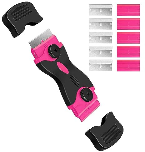 DEKEones Razor Blade Scraper, Double Edged Razorblade Scraping Tool with 10 Pcs Razor Blades, Paint Scraper for Glass, Decals, Tint, Stickers, Labels, Caulk, Adhesive(Pink)