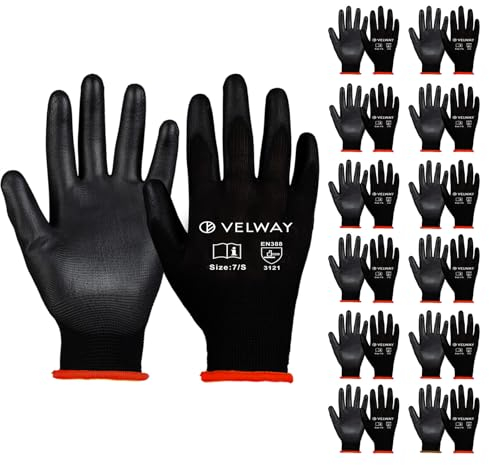 Velway 12 Paar Arbeitshandschuhe Mechaniker Handschuhe - Größe 7 Leichte Damen Gartenhandschuhe Rutschfeste mit PU-Beschichtete Herren Montagehandschuhe Atmungsaktive Handschuhe EN388 - Schwarz