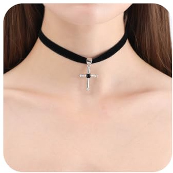 Yienate Gotiskt korshalsband, svart sammet, kraghalsband, korshänge, silver, vintage, uttalande hänge, kors, mockakedja, tro, krucifix halsband, smycken för kvinnor, taglia unica, zink, nej