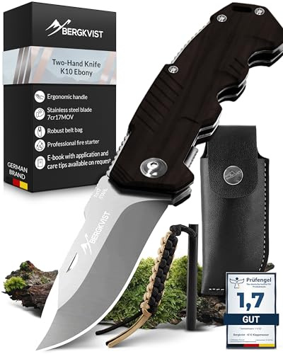 BERGKVIST® K10 Couteau pliant (Couteau à deux mains) - Couteau de poche pour le camping, la chasse ou la survie - avec bâton de feu et étui de ceinture - manche en bois d'ébené