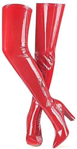 Bottes cuissardes montantes pour femme - Talon épais - En cuir verni - En polyuréthane - Extensibles - Sexy - Bout pointu - Tendance - Pour bal de fin d'année, fête, Rouge, 38 EU