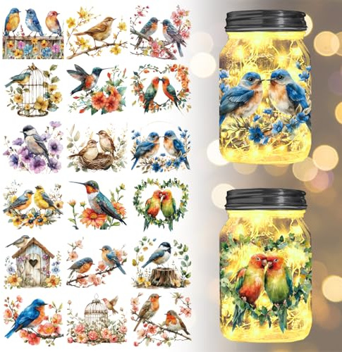 GLOBLELAND 18 Sheets Flowers and Bird Transfer Stickers 3.9x3.6inch Hummingbird Branch Rub on Transfer Wreath Decals Stickers for Furniture Vase Glass Mason Jars Decorations Art Crafts