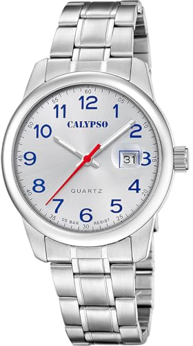 CALYPSO Reloj Hombre Analógico de Acero Inoxidable 316l Plateado - Movimiento de Cuarzo - Calendario - Cristal Mineral de Alta Resistencia - Resistente al Agua 5 ATM K5872/2 Basic