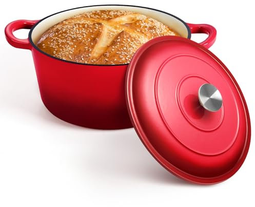 P&P CHEF 7QT Enameled Dutch Oven, Cast Iron Dutch Oven Pot with Lid for Bread Baking, Enameled Casserole Pot for Roasting Braising Stewing Frying Simmering, Various Stoves & Easy Clean, Red