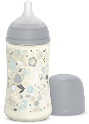 Suavinex, Biberon 270 ml, Biberon avec Tétine Symétrique SX Pro en Silicone à Débit Moyen (M), avec Valve Anti-Colique. Silicone Fin Ultra-Doux. Pour Bébés, +3 Mois, Wonderland Bleu Floral