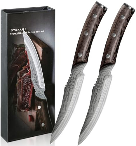SYOKAMI Steak Knives Set of 2, 4.8 Inch High-Carbon Japanese Stainless Steel Non-Serrated Meat Knife with Wood Handle, Damascus Pattern Full Tang Design, Razor-Sharp Dinner Knives with Gift Box